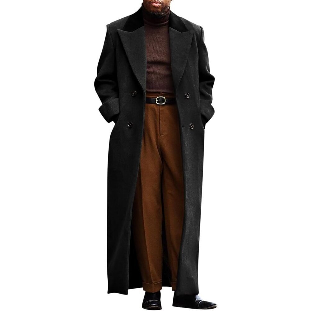 Mens Black  Full Length Trench Coat Double Breasted Classic Winter Overcoat